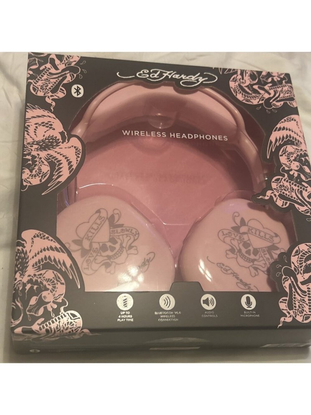 Ed Hardy Wireless Headphones Bluetooth Pink Skull Tattoo Love Kills Slowly NEW